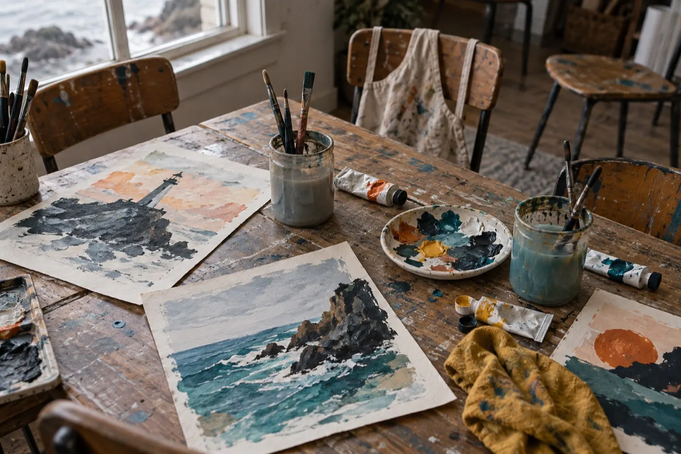 Watercolours of the coast drying on a paint-marked table, brushes in jars and an apron over a chair