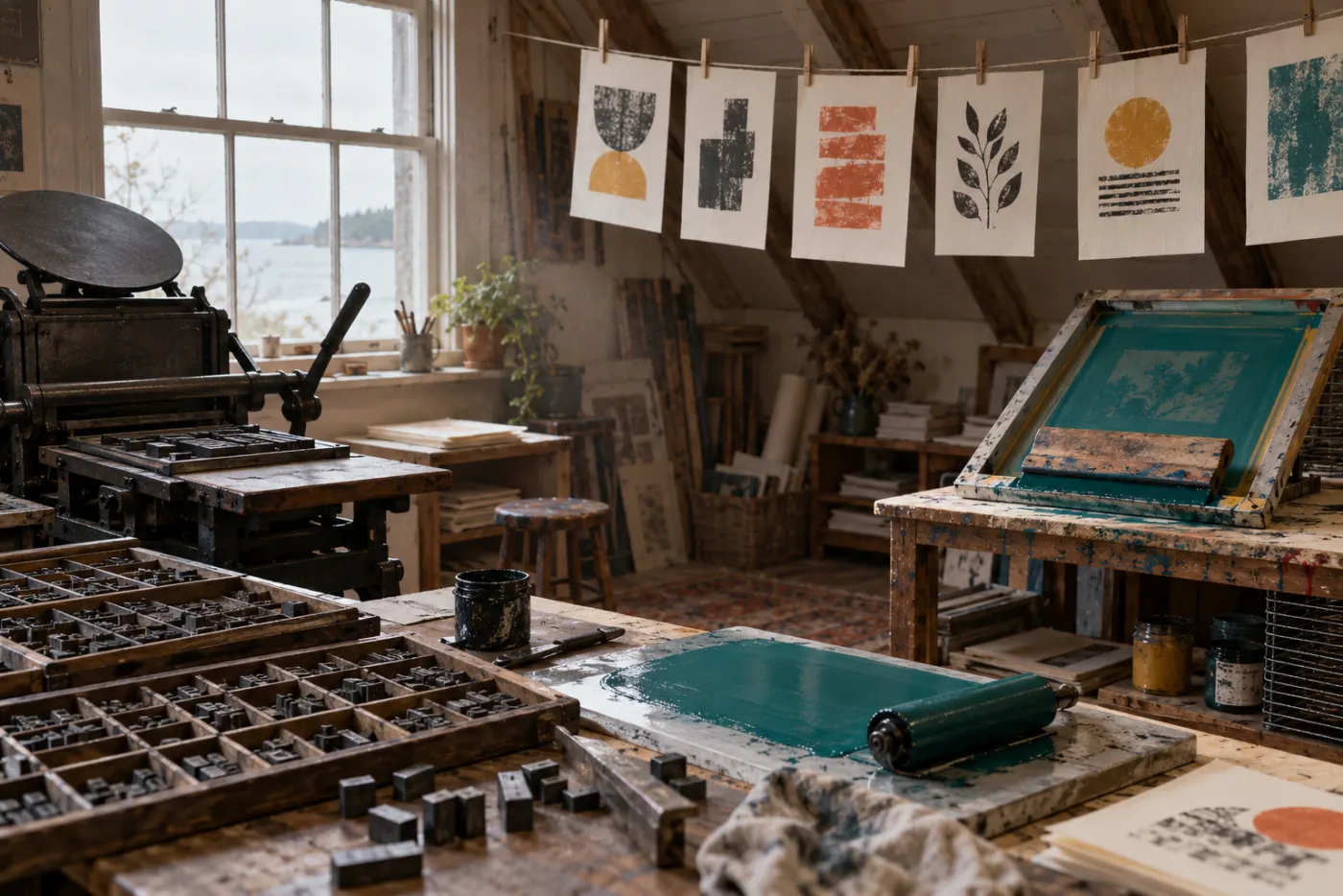 A letterpress and trays of metal type beside a screen-printing bench, finished prints pegged to a line overhead
