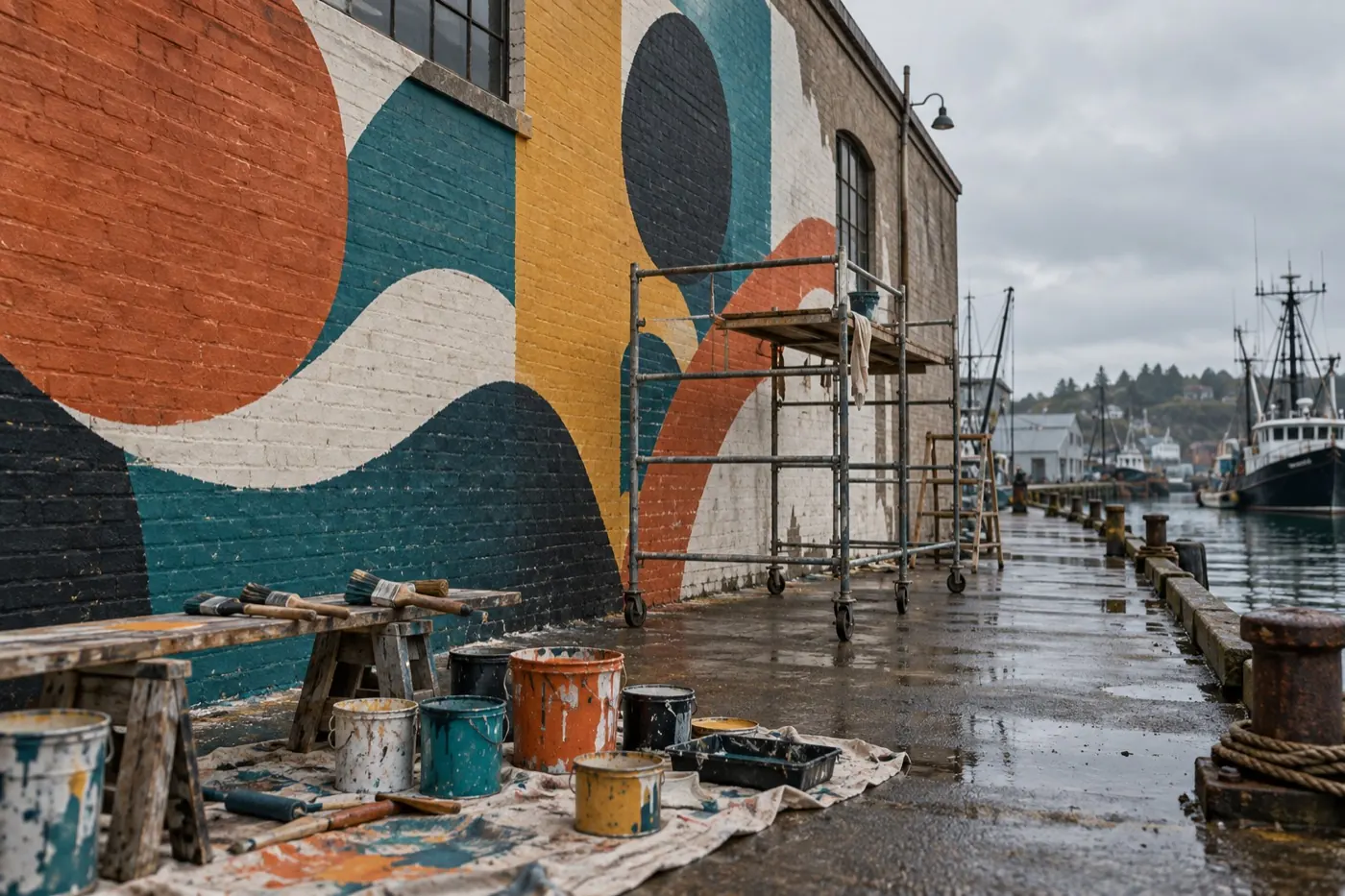 A half-finished mural in flat orange, teal and mustard on a brick wall beside a wet quayside