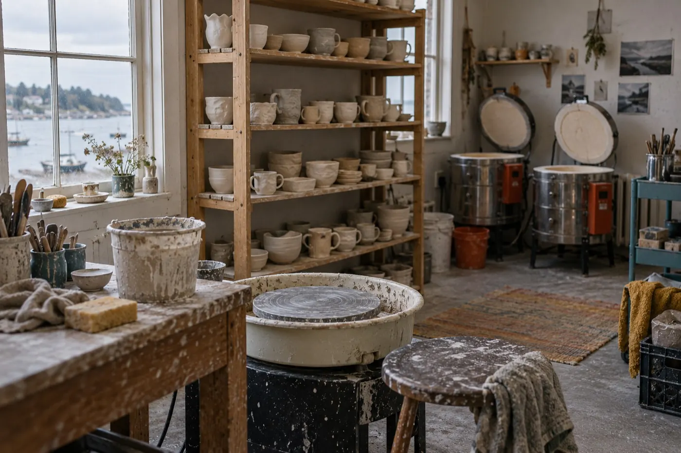 Shelves of unglazed handmade bowls and mugs, a clay-covered wheel and two kilns by the window