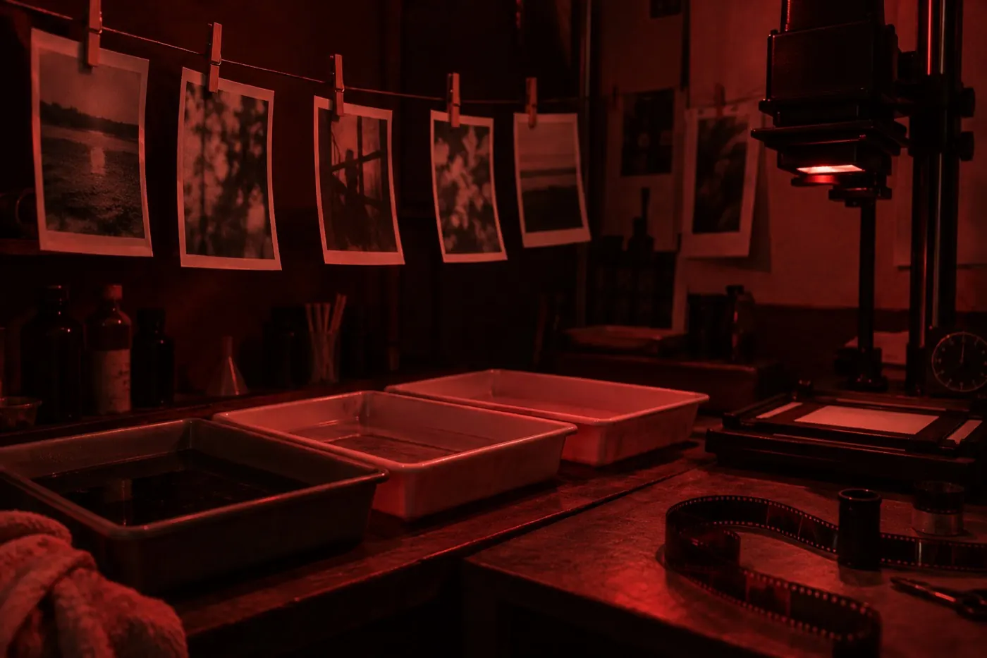 Black-and-white prints pegged to a line above developing trays under a red darkroom safelight