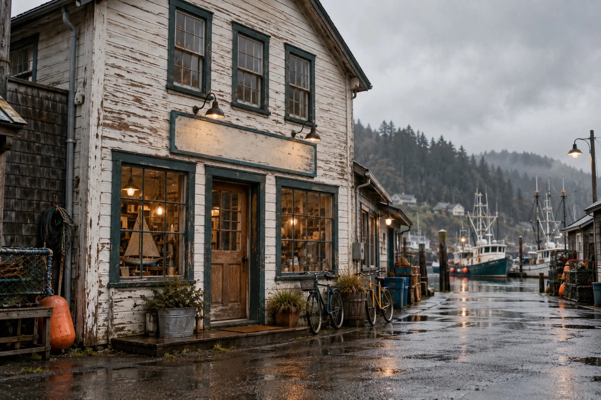 A weathered two-storey timber building on a wet waterfront street, fishing boats moored at the end of the road