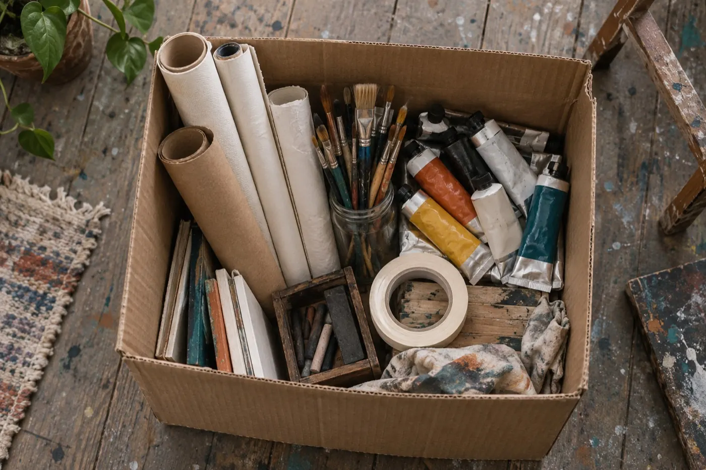 A cardboard box of donated paper rolls, brushes, chalk and paint tubes on a scuffed studio floor