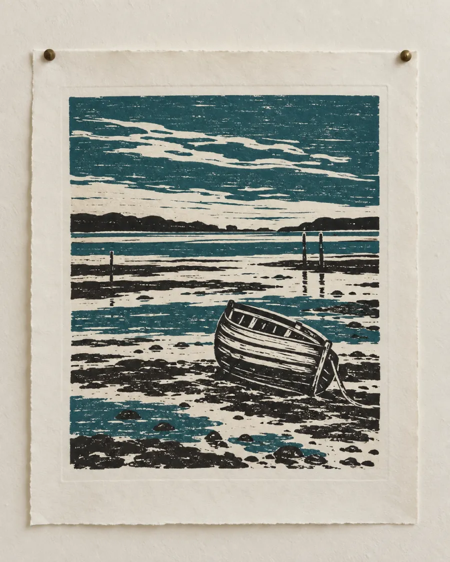 A two-colour linocut in teal and black of mudflats at low tide, a wooden rowing boat tilted on its side