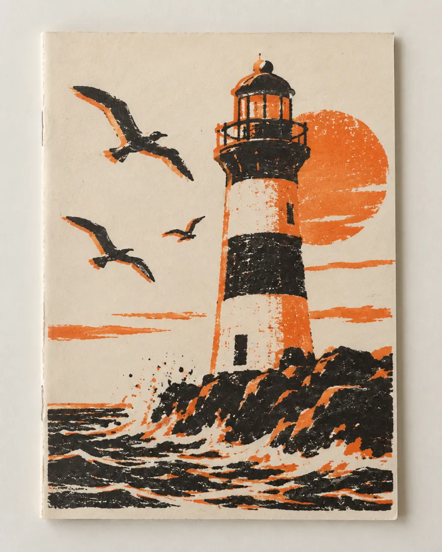 A two-colour screen-printed zine cover in orange and black: a striped lighthouse on rocks with gulls and a low sun