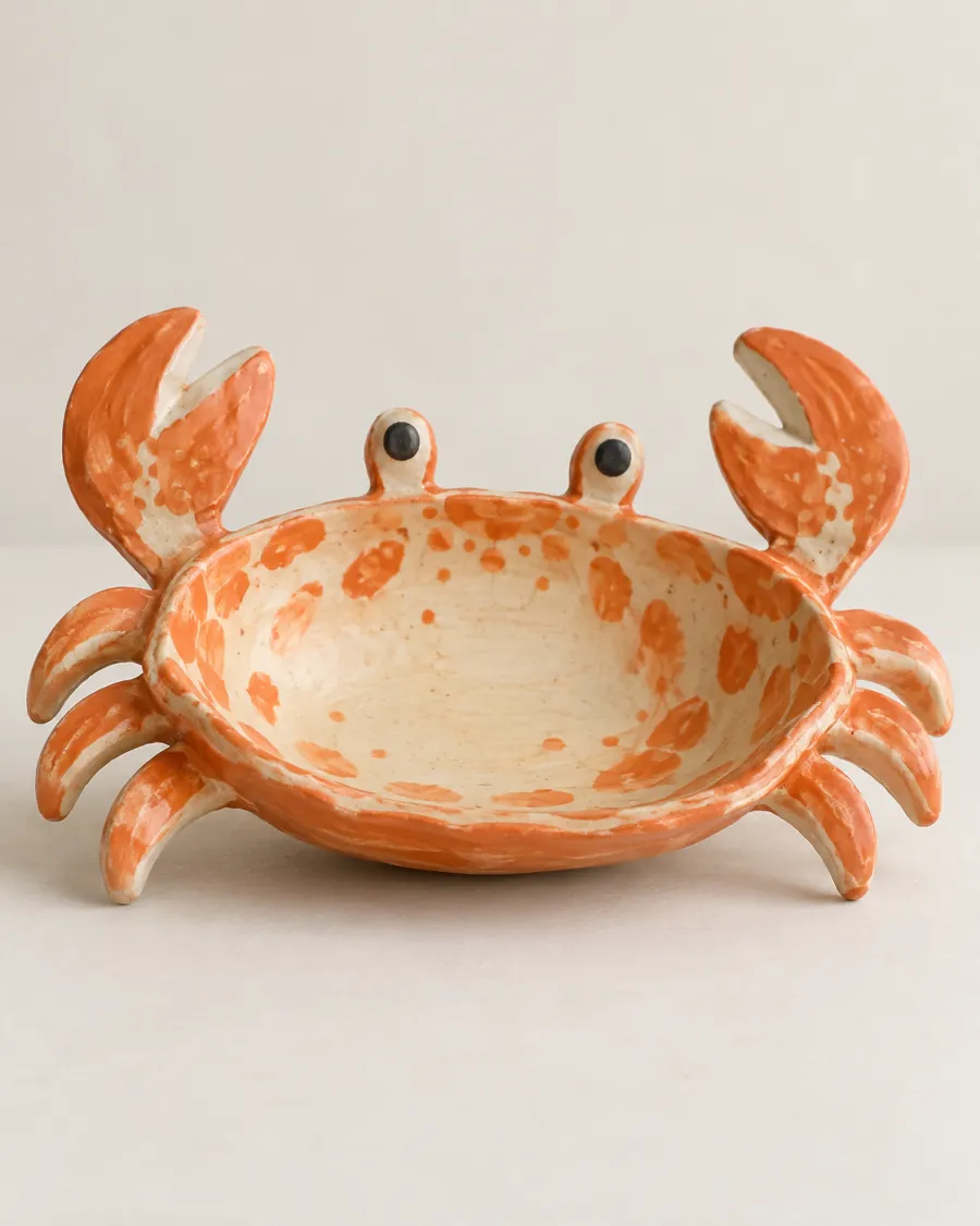A hand-built earthenware dish shaped like a crab, with raised claws and eyes, glazed in orange and cream