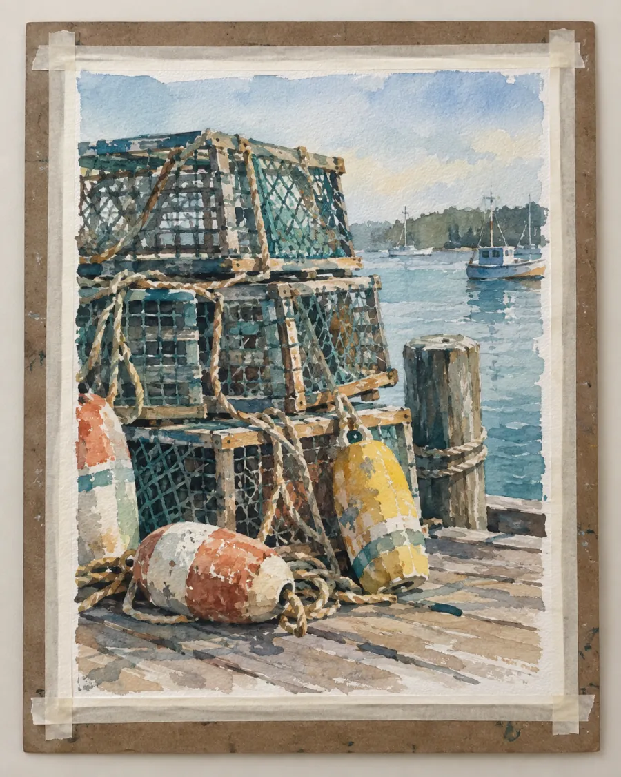 A watercolour of stacked crab pots and orange and yellow buoys on a dock, fishing boats on the water behind