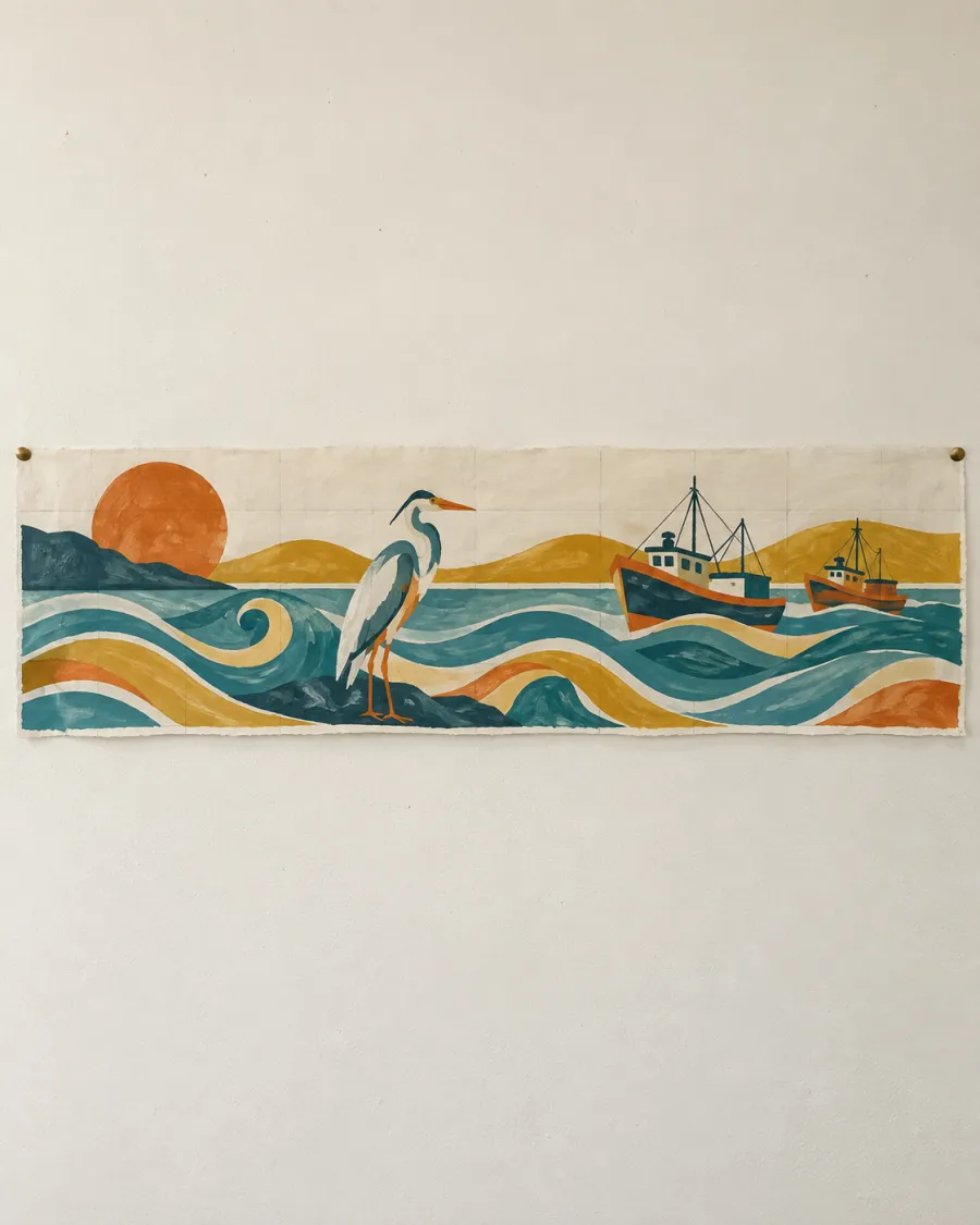 A long gouache mural study of a heron on rocks, curling waves and two fishing boats in teal, orange and mustard