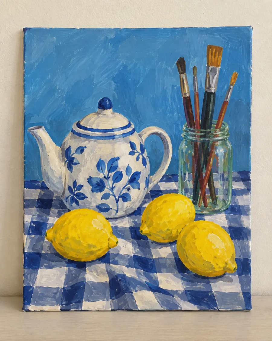 An acrylic painting of a blue and white teapot, three lemons and a jar of brushes on a blue checked cloth