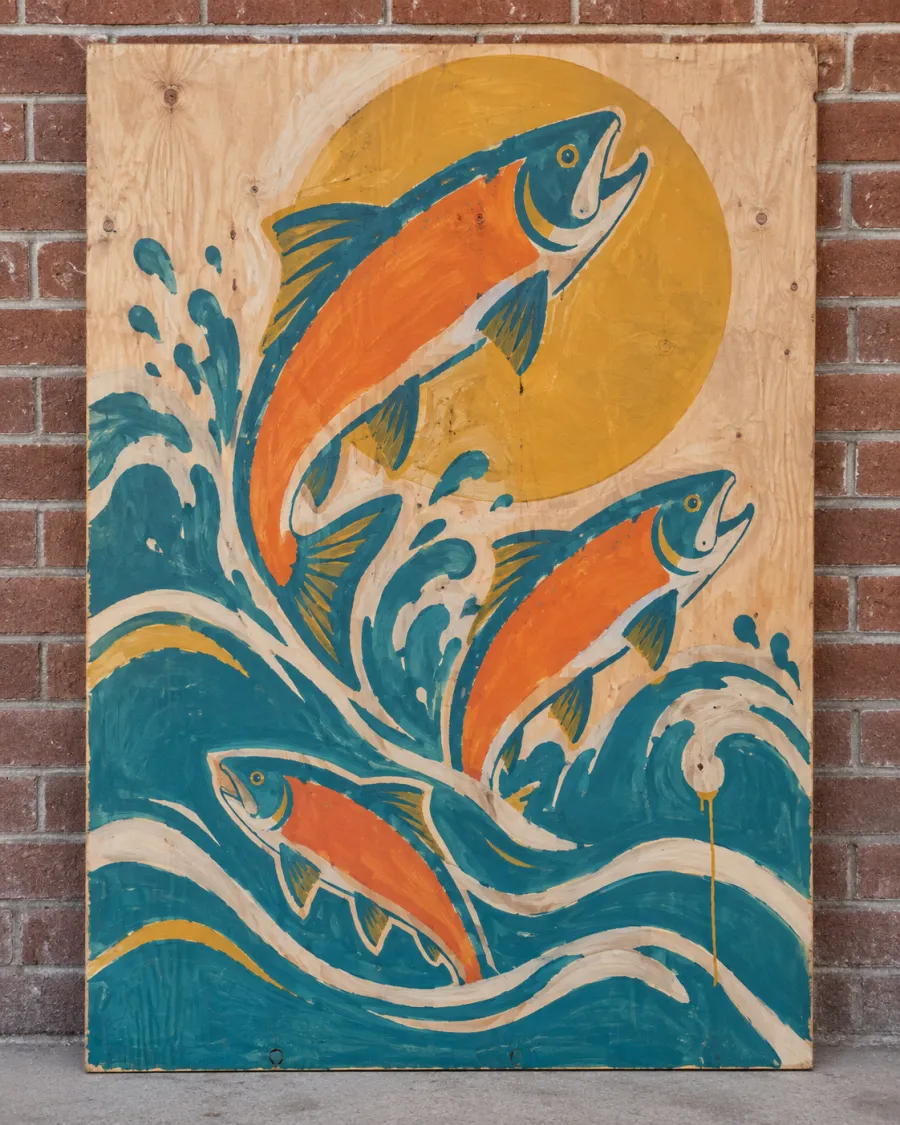 A painted plywood panel of three orange salmon leaping from teal waves in front of a yellow sun