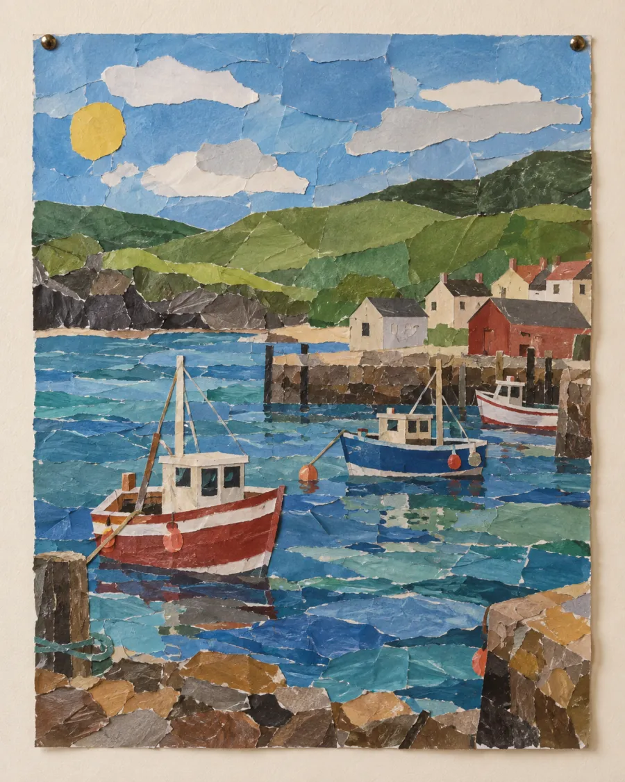 A cut-paper collage of fishing boats in a harbour below green hills and houses, under a blue sky