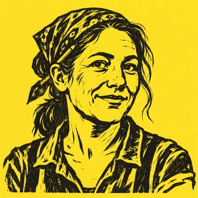 Linocut portrait of Junie Alvarado, black ink on yellow paper