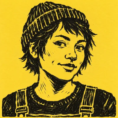 Linocut portrait of Wren Aoki, black ink on yellow paper