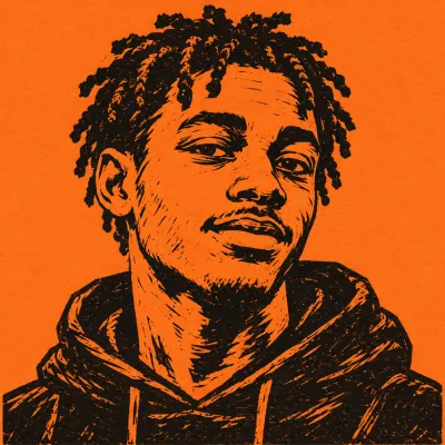 Linocut portrait of Silas Boateng, black ink on orange paper