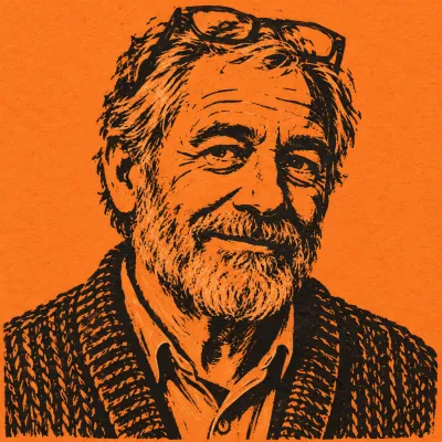 Linocut portrait of Tomas Bright, black ink on orange paper