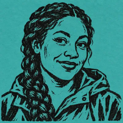 Linocut portrait of Halima Ferreira, black ink on teal paper