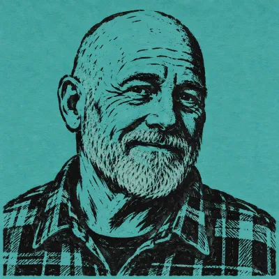 Linocut portrait of Grant Ishikawa, black ink on teal paper