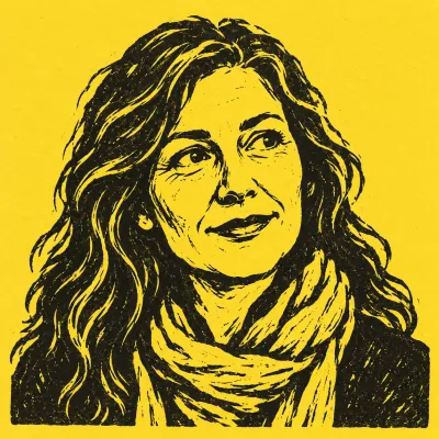 Linocut portrait of Rosalind Meyer, black ink on yellow paper