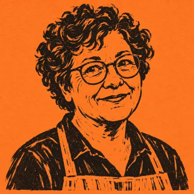 Linocut portrait of Marisol Okafor, black ink on orange paper