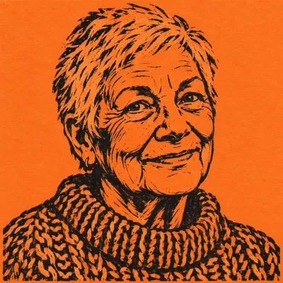 Linocut portrait of Nell Okonjo, black ink on orange paper