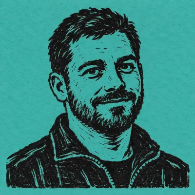 Linocut portrait of Dev Ramanathan, black ink on teal paper