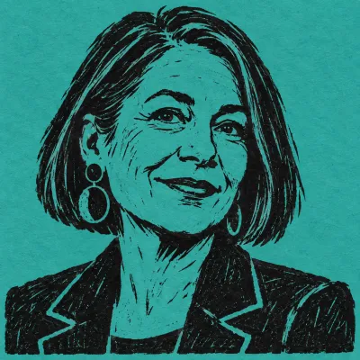Linocut portrait of Priya Sandoval, black ink on teal paper
