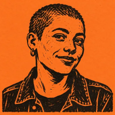 Linocut portrait of Bo Trevino, black ink on orange paper