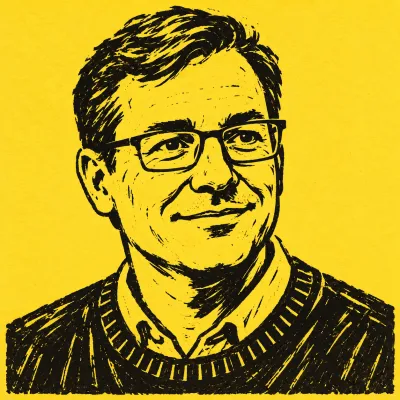 Linocut portrait of Aaron Whitcombe, black ink on yellow paper