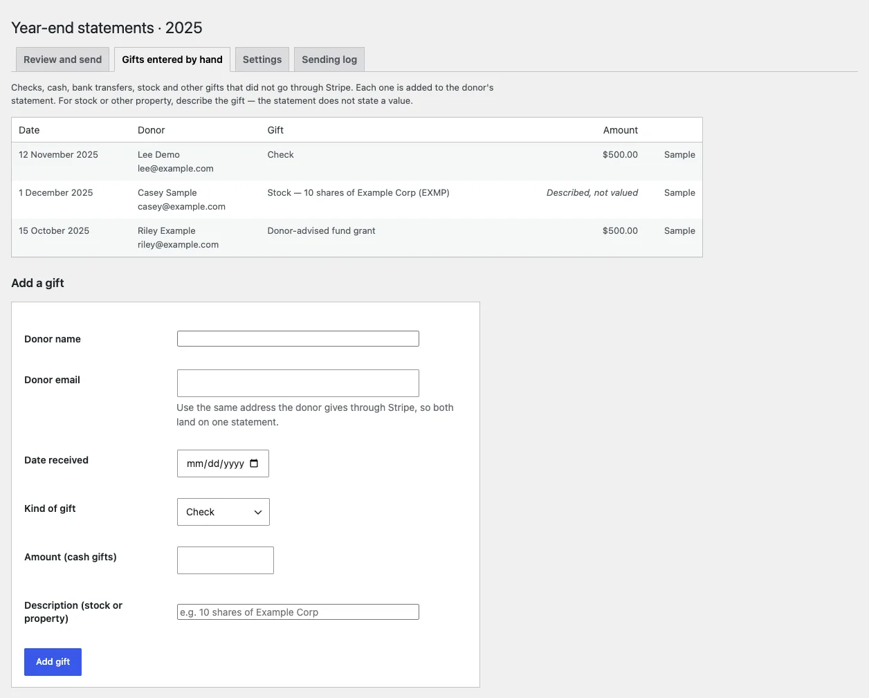 Staff screen for gifts entered by hand, listing a sample $500.00 check, 10 shares of stock described but not valued, and a donor-advised fund grant, above a form for adding another gift.